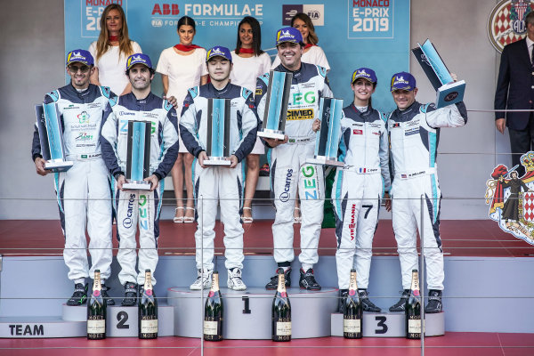 PRO podium winners (Cacá Bueno (BRA), Jaguar Brazil Racing celebrates on the podium with Sérgio Jimenez (BRA), Jaguar Brazil Racing, 2nd position and Bryan Sellers (USA), Rahal Letterman Lanigan Racing, 3rd position) stand with the PRO AM podium winners (Yaqi Zhang (CHI), Team China, Bandar Alesayi (SAU), Saudi Racing, 2nd position, and Célia Martin (FRA), Viessman Jaguar eTROPHY Team Germany, 3rd position)