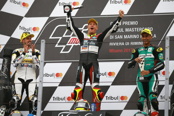 2017 Moto2 Championship - Round 13
Misano, Italy.
Sunday 10 September 2017
Podium: race winner Dominique Aegerter, Kiefer Racing, second place Thomas Luthi, CarXpert Interwetten, third place Hafizh Syahrin, Petronas Raceline Malaysia
World Copyright: Gold and Goose / LAT Images
ref: Digital Image 7889