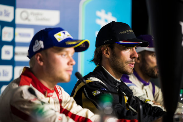 2016/2017 FIA Formula E Championship.
Round 12 - Montreal ePrix, Canada
Sunday 30 July 2017.
Felix Rosenqvist (SWE), Mahindra Racing, Spark-Mahindra, Mahindra M3ELECTRO, Jean-Eric Vergne (FRA), Techeetah, Spark-Renault, Renault Z.E 16, and Jose Maria Lopez (ARG), DS Virgin Racing, Spark-Citroen, Virgin DSV-02, in the press conference.
Photo: Sam Bloxham/LAT/Formula E
ref: Digital Image _J6I7205