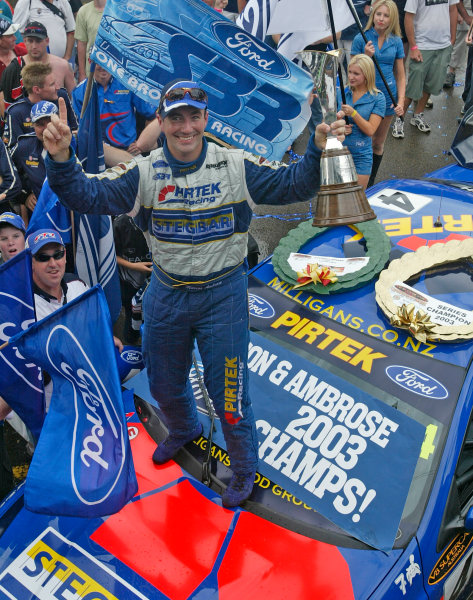 Australian V8 Supercars, Round 13, Eastert Creek, Sydney. 30th Nov 2003.
Ford driver Marcos Ambrose takes victory in race 2 to win the 2003 V8 Supercar Championship at the VIP Petfoods Main Event at Eastern Creek International Raceway 20km west of Sydney NSW, Australia.
Photo: Mark Horsburgh/LAT Photographic