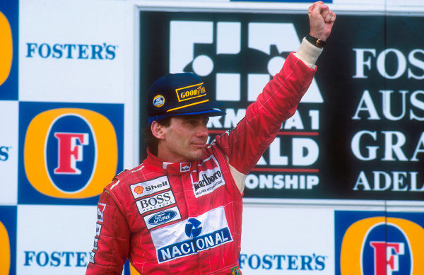 1993 Australian Grand Prix.
Adelaide, Australia.
5-7 November 1993.
Ayrton Senna (McLaren Ford) celebrates 1st position on the podium. His last Grand Prix win.
Ref-93 AUS 01.
World Copyright - LAT Photographic