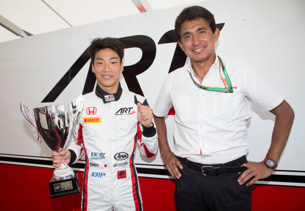 2017 GP3 Series Round 1. 
Circuit de Catalunya, Barcelona, Spain.
Sunday 14 May 2017.
Nirei Fukuzumi (JPN, ART Grand Prix) poses with his trophy, won in race Jack Aitken (GBR, ART Grand Prix) and Aguri Suzuki 
Photo: Jed Leicester/GP3 Series Media Service.
ref: Digital Image JL1_0406