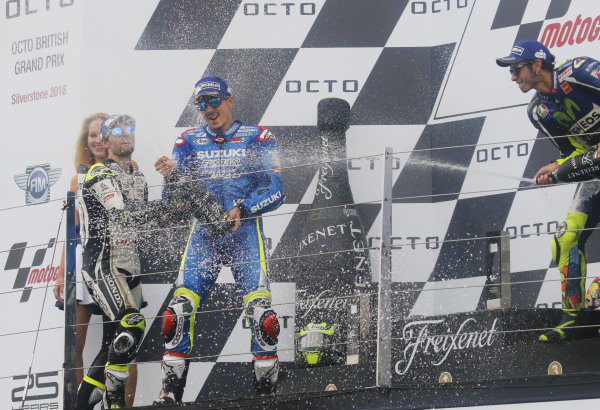 2016 MotoGP Championship.
British Grand Prix.
Silverstone, England. 2nd - 4th September 2016.
Maverick Vinales, Suzuki, Cal Crutchlow, LCR Honda, and Valentino Rossi, Yamaha, celebrate on the podium.
Ref: _W7_9523a. World copyright: Kevin Wood/LAT Photographic 2016 MotoGP Championship.
British Grand Prix.
Silverstone, England. 2nd - 4th September 2016.
Maverick Vinales, Suzuki, Cal Crutchlow, LCR Honda, and Valentino Rossi, Yamaha, celebrate on the podium.
Ref: _W7_9523a. World copyright: Kevin Wood/LAT Photographic