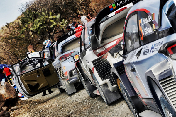 The cars of Thierry Neuville (BEL) / Nicolas Gilsoul (BEL), Hyundai Motorsport i20 Coupe WRC and Jari-Matti Latvala (FIN) / Miikka Anttila (FIN), Toyota Gazoo Racing Toyota Yaris WRC at World Rally Championship, Rd3, Rally Mexico, Preparations and Shakedown, Leon, Mexico, 8 March 2017. The cars of Thierry Neuville (BEL) / Nicolas Gilsoul (BEL), Hyundai Motorsport i20 Coupe WRC and Jari-Matti Latvala (FIN) / Miikka Anttila (FIN), Toyota Gazoo Racing Toyota Yaris WRC at World Rally Championship, Rd3, Rally Mexico, Preparations and Shakedown, Leon, Mexico, 8 March 2017.